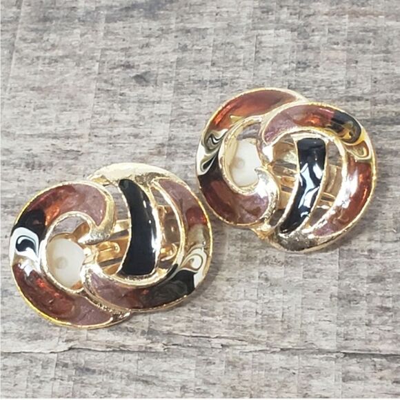 VINTAGE ENAMEL SWIRL Clip-On Earrings - Picture 5 of 6